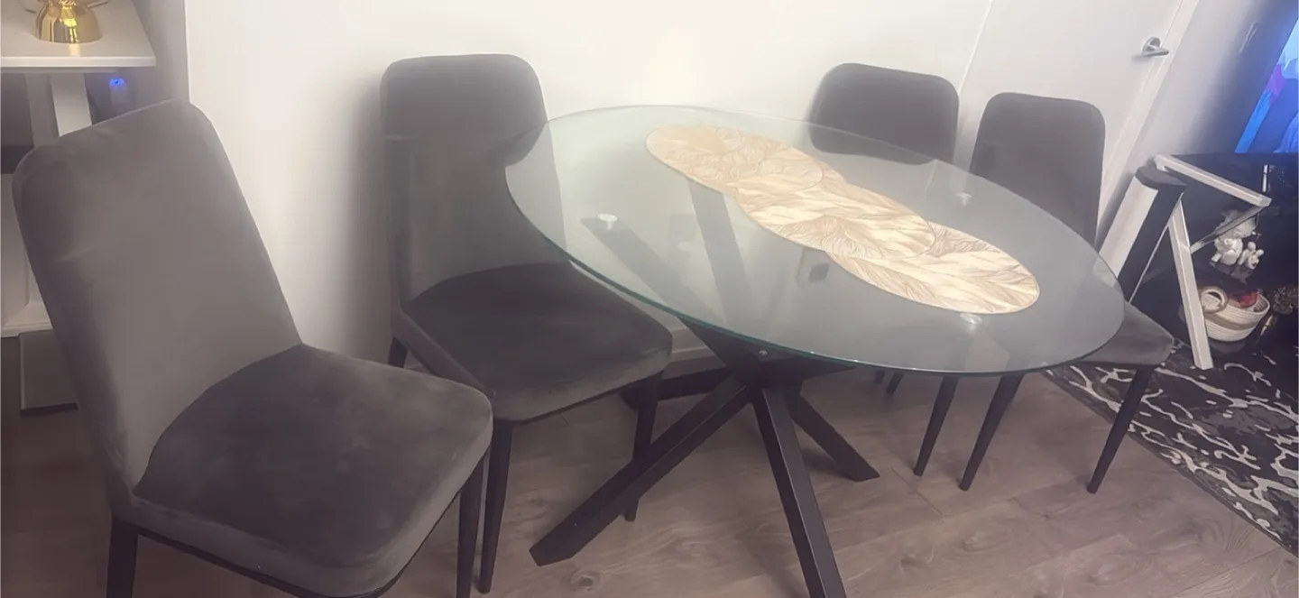 Glass Round Dining Table with 4 Grey Chairs image indicator(4)