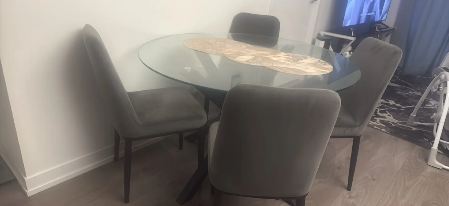 Glass Round Dining Table with 4 Grey Chairs
