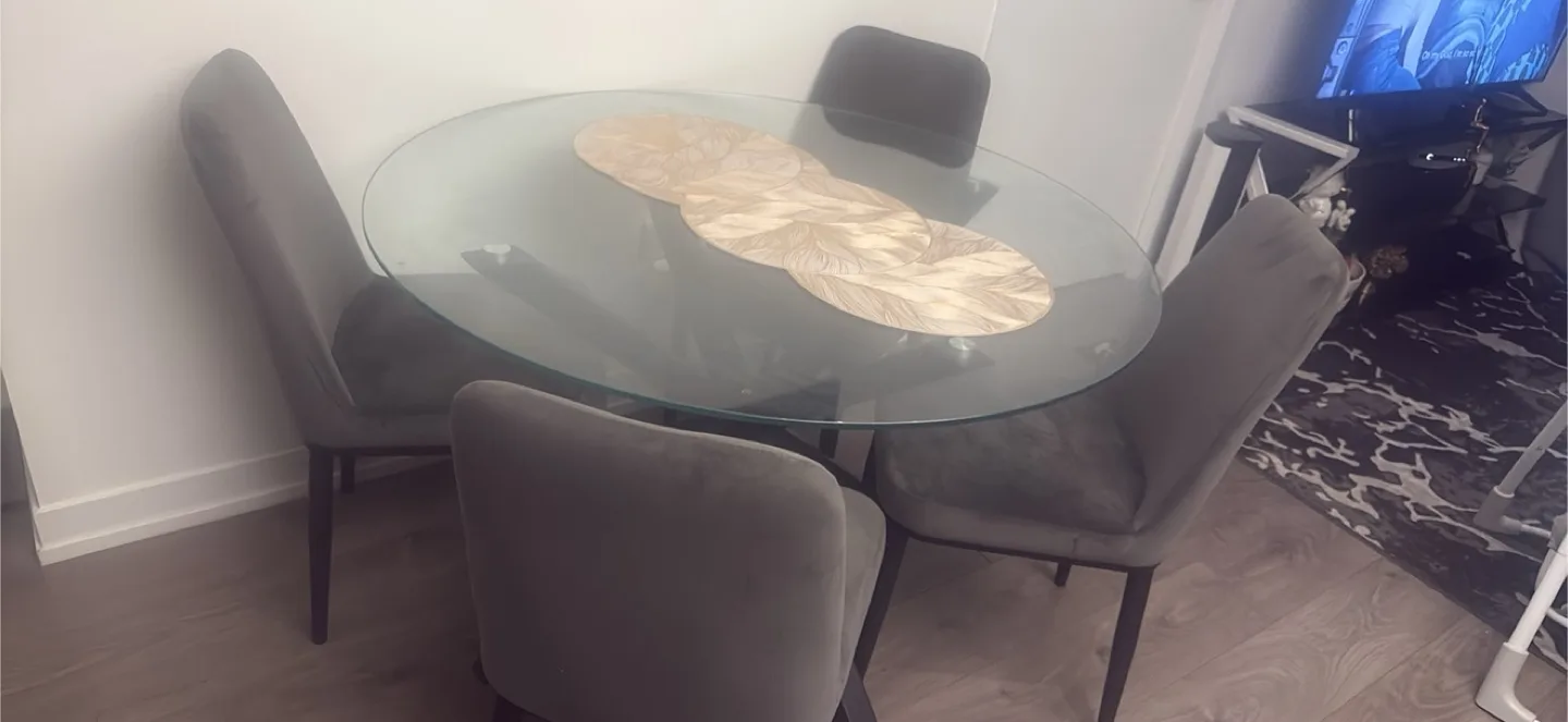 Glass Round Dining Table with 4 Grey Chairs image indicator(3)