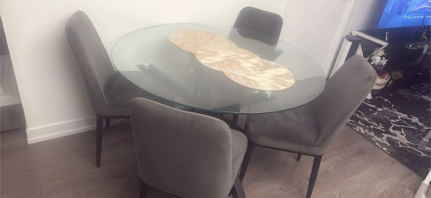 Glass Round Dining Table with 4 Grey Chairs image indicator(2)