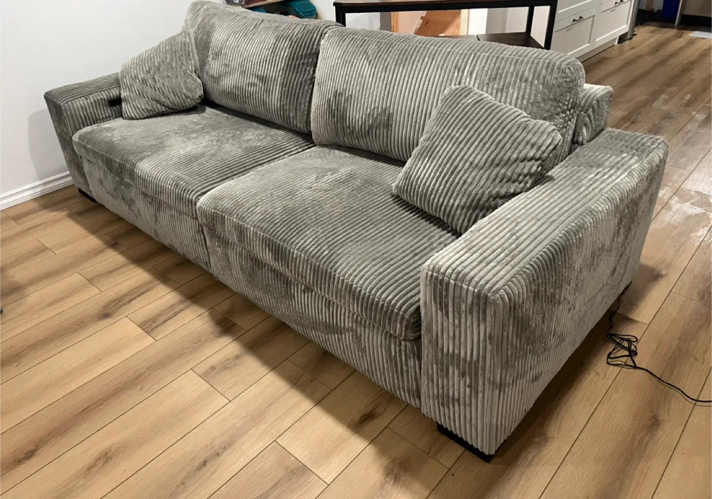 Grey Corduroy Sofa with Pillows