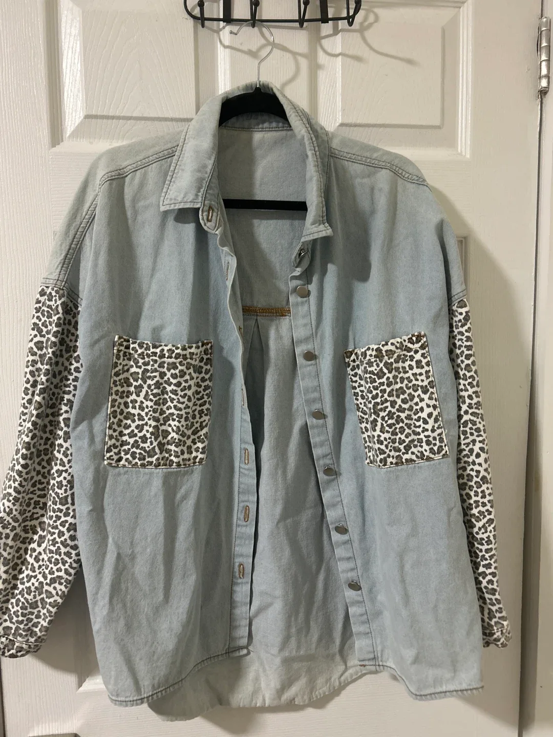 Denim Jacket with Leopard Print Sleeves
