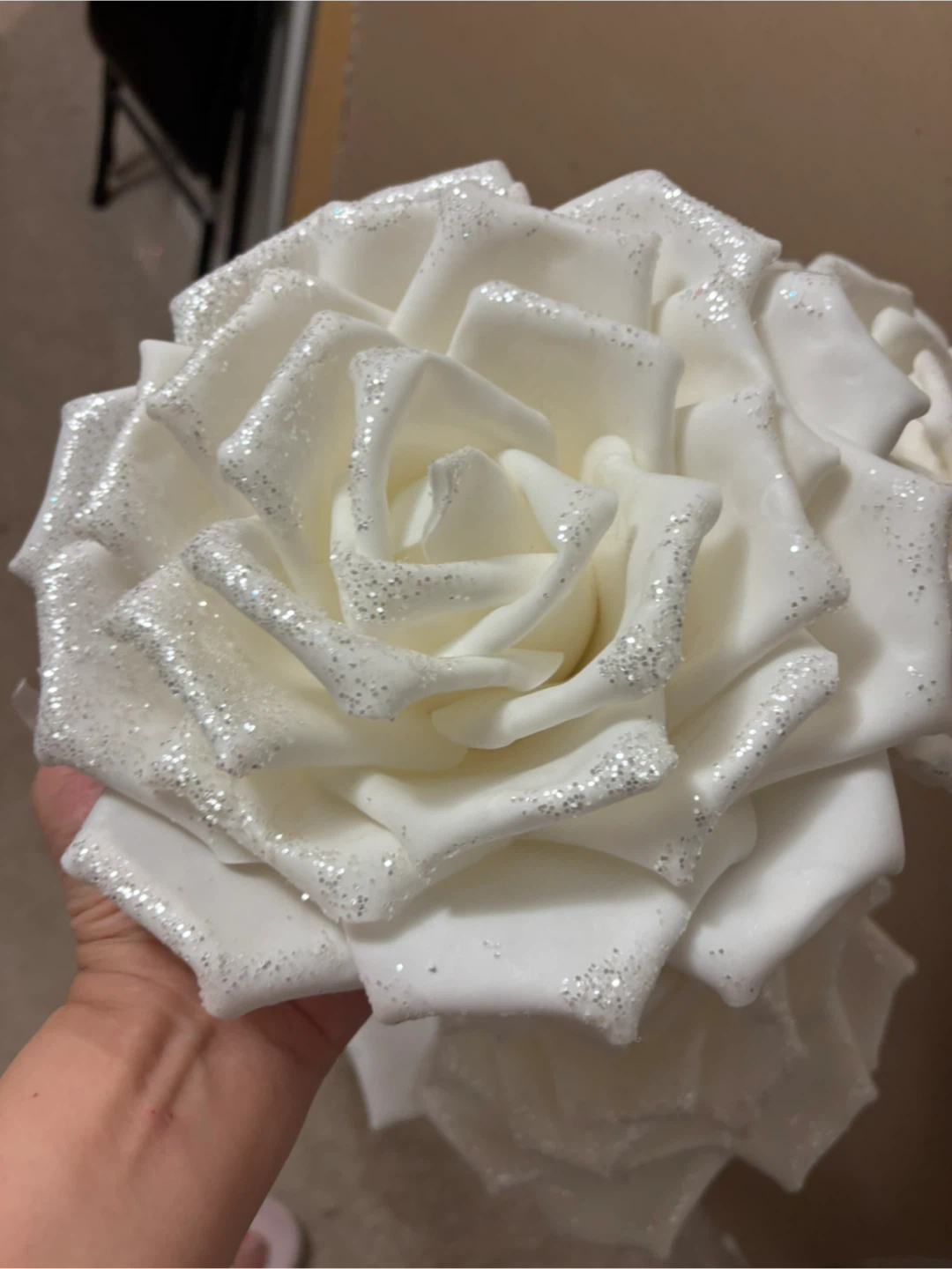 3 White foam Roses with Glitter