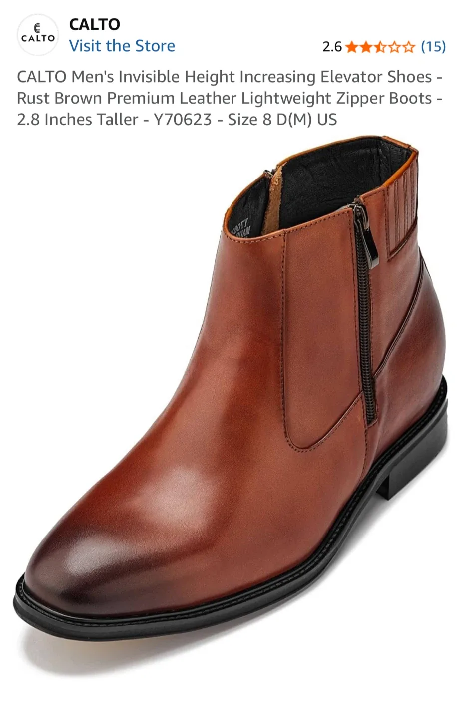 CALTO Y70623 Rust Brown Leather Elevator Boots - Size 8