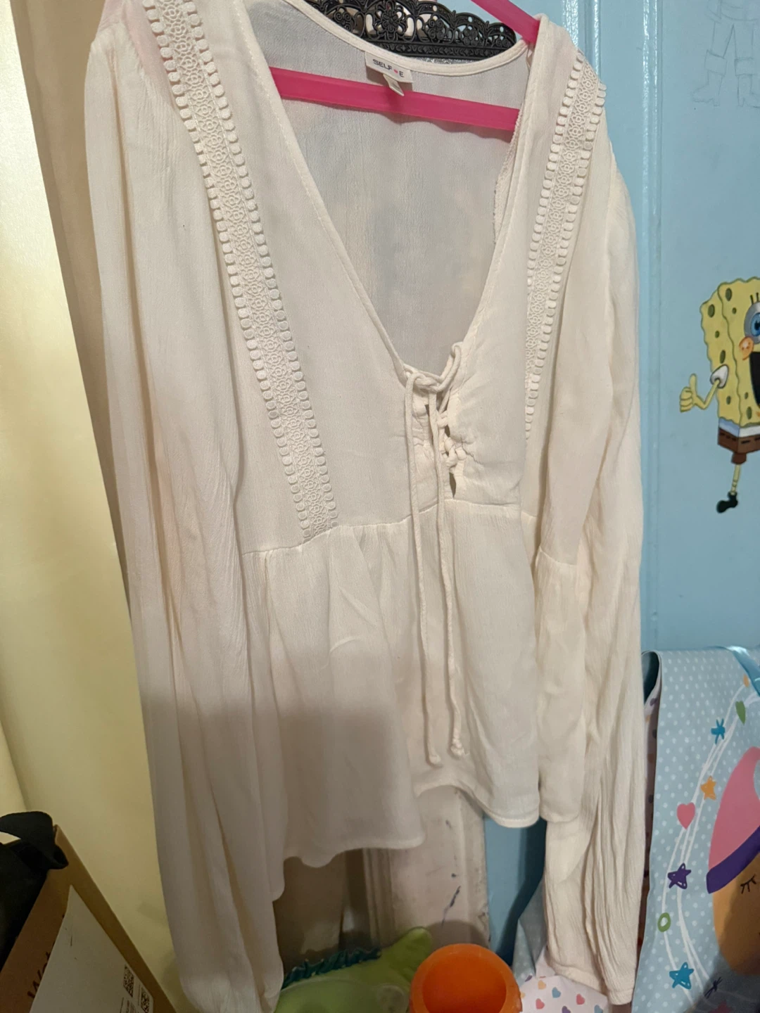 SELFiE Cream Lace-Up Blouse - Size L