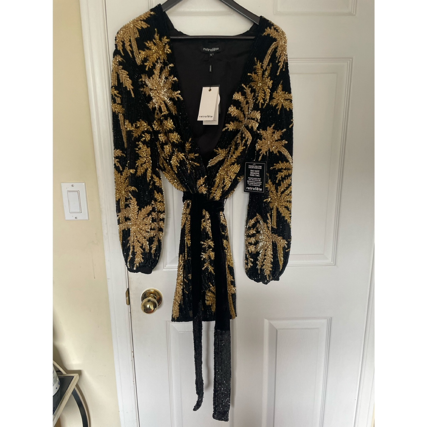Retrofete NEW Gabrielle Dress Black & Gold Palm Tree Size Small - photo 5