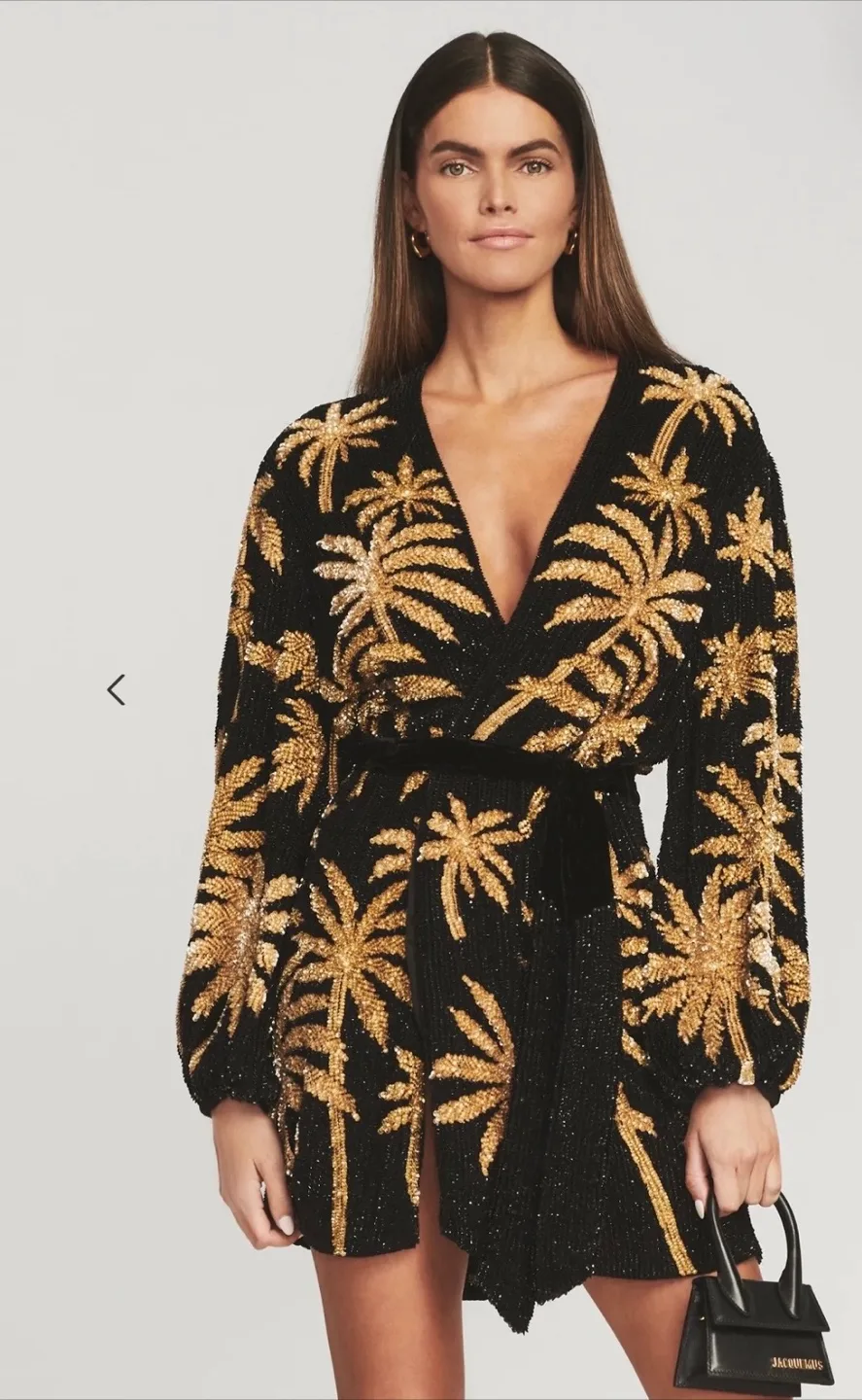 Retrofete NEW Gabrielle Dress Black & Gold Palm Tree Size Small