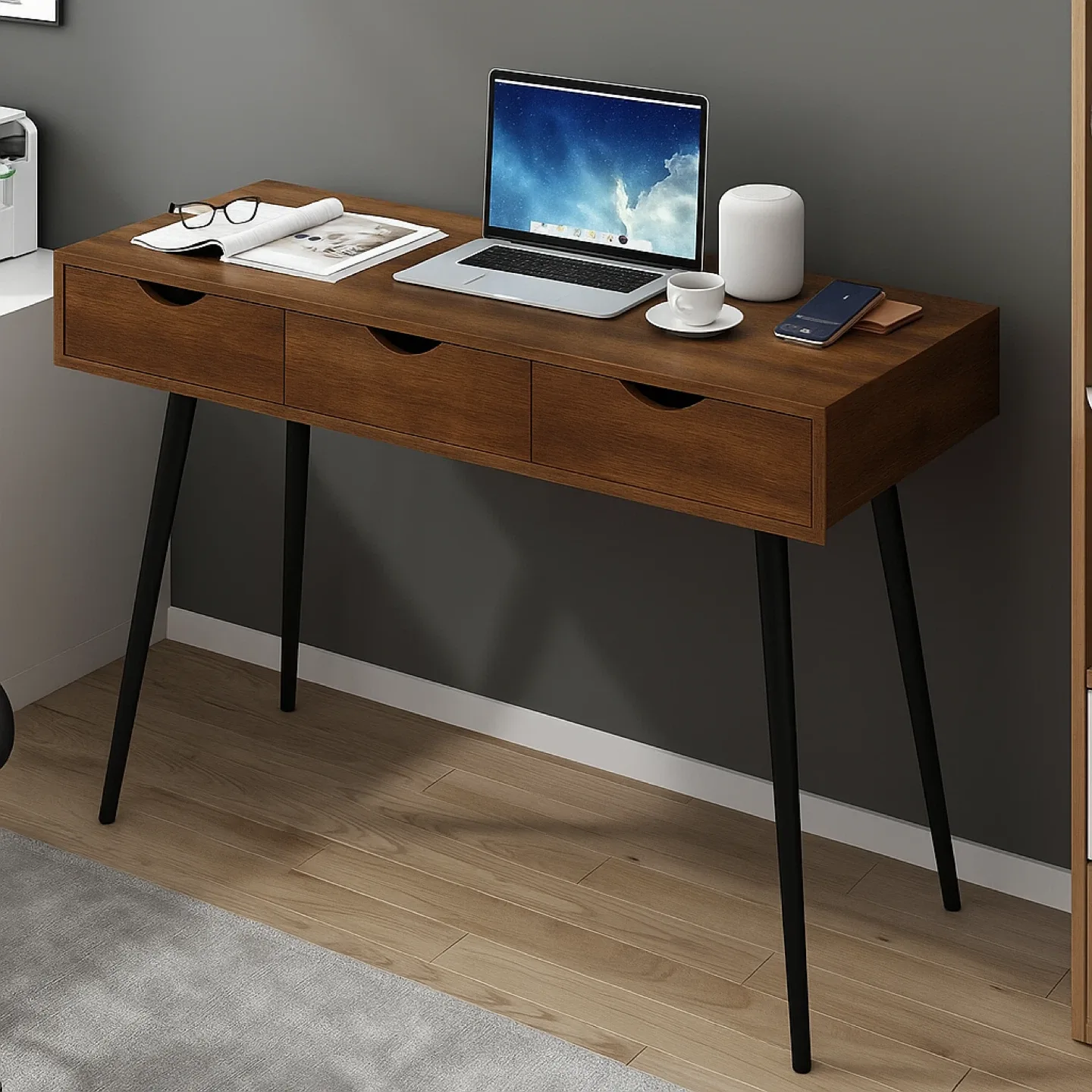 Wood Desk with Drawers and  charge plugs