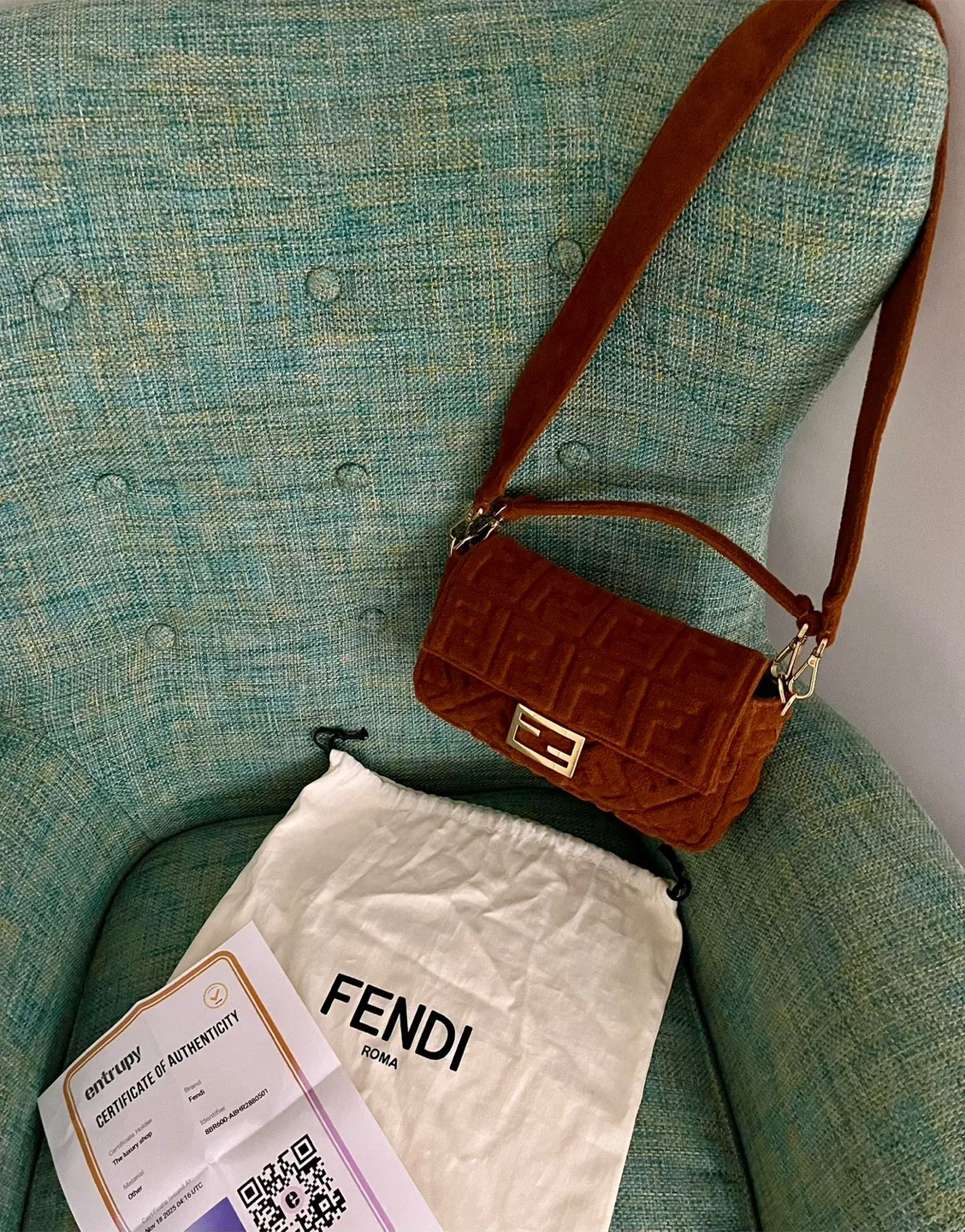 Authentic Fendi  Brown Towel Fabric Baguette