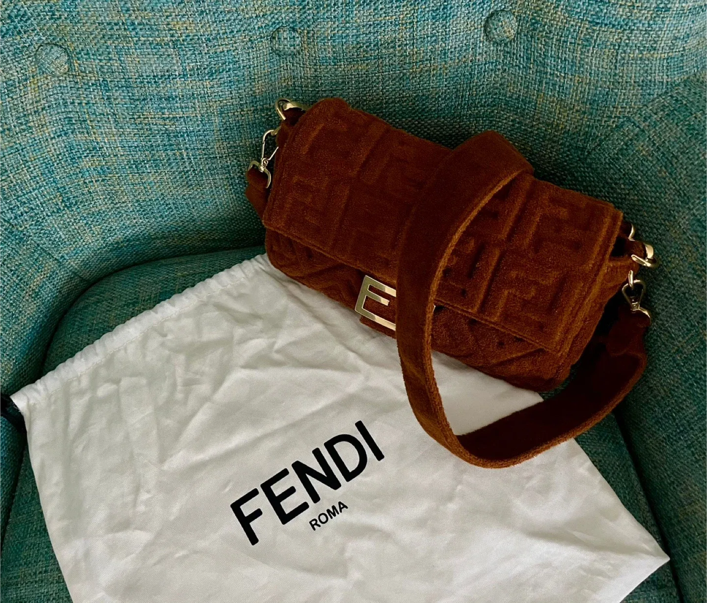 Authentic Fendi  Brown Towel Fabric Baguette image indicator(2)