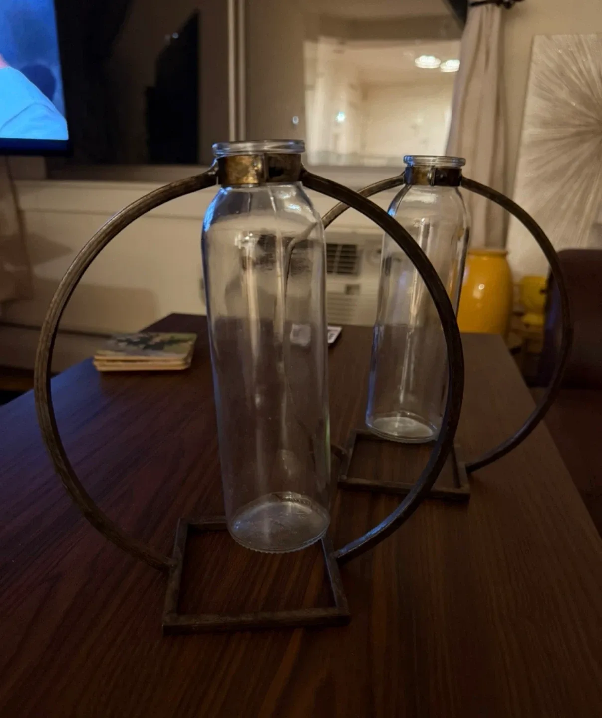 Glass Bottle Vases with Metal Stands - Set of 2