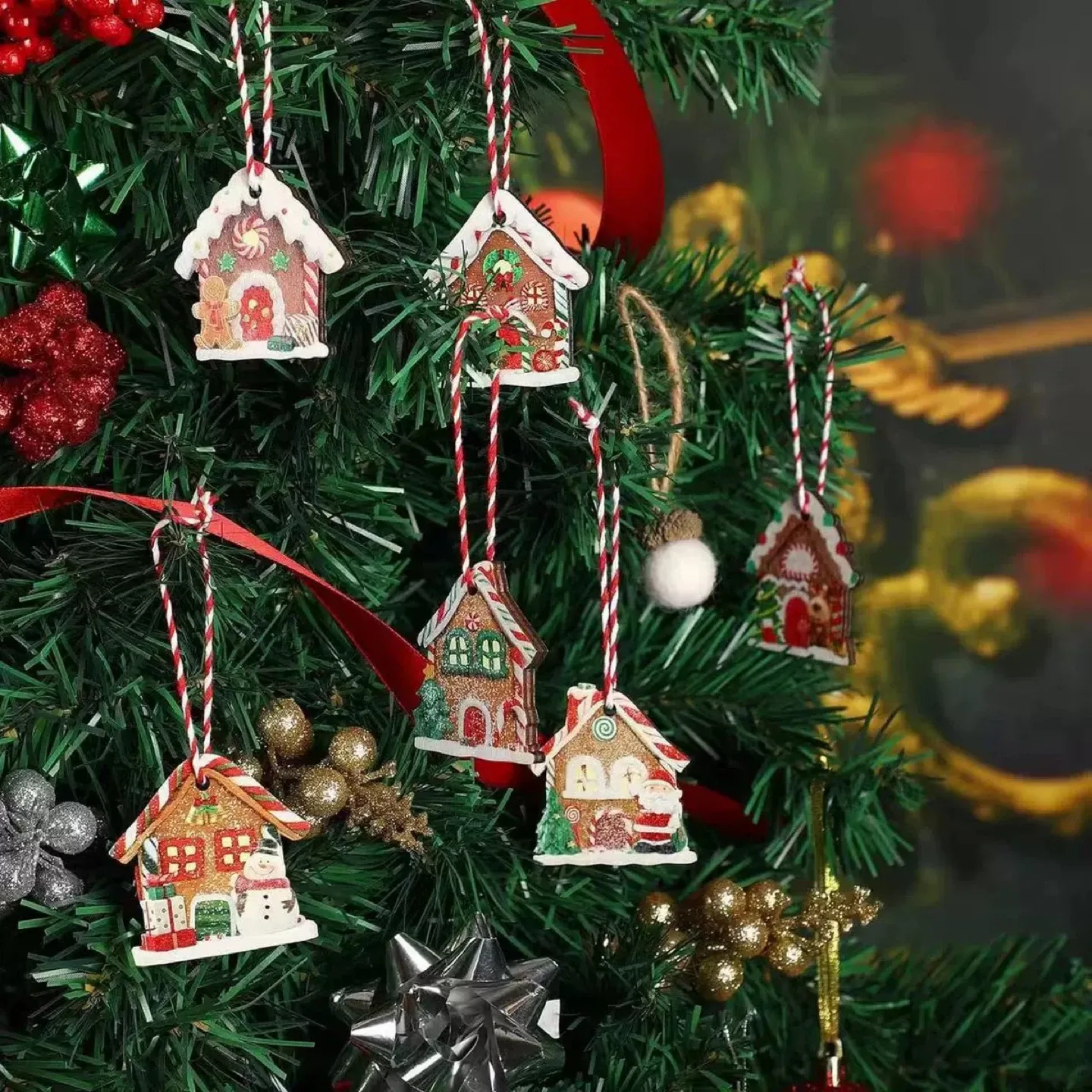 Wooden Gingerbread House Christmas Ornaments, Set of 12