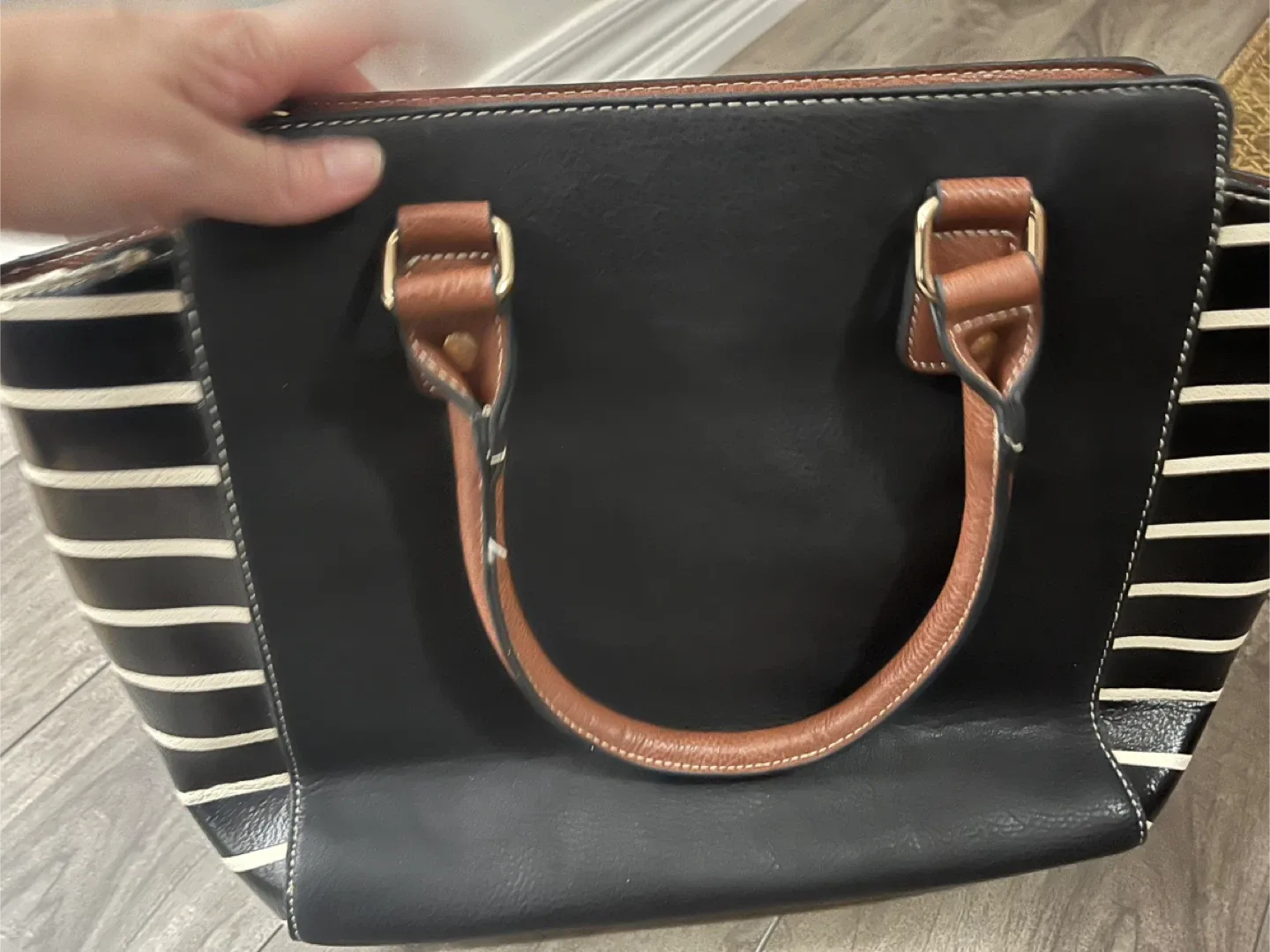 Striped Tote Bag - Black, White, Brown image indicator(2)