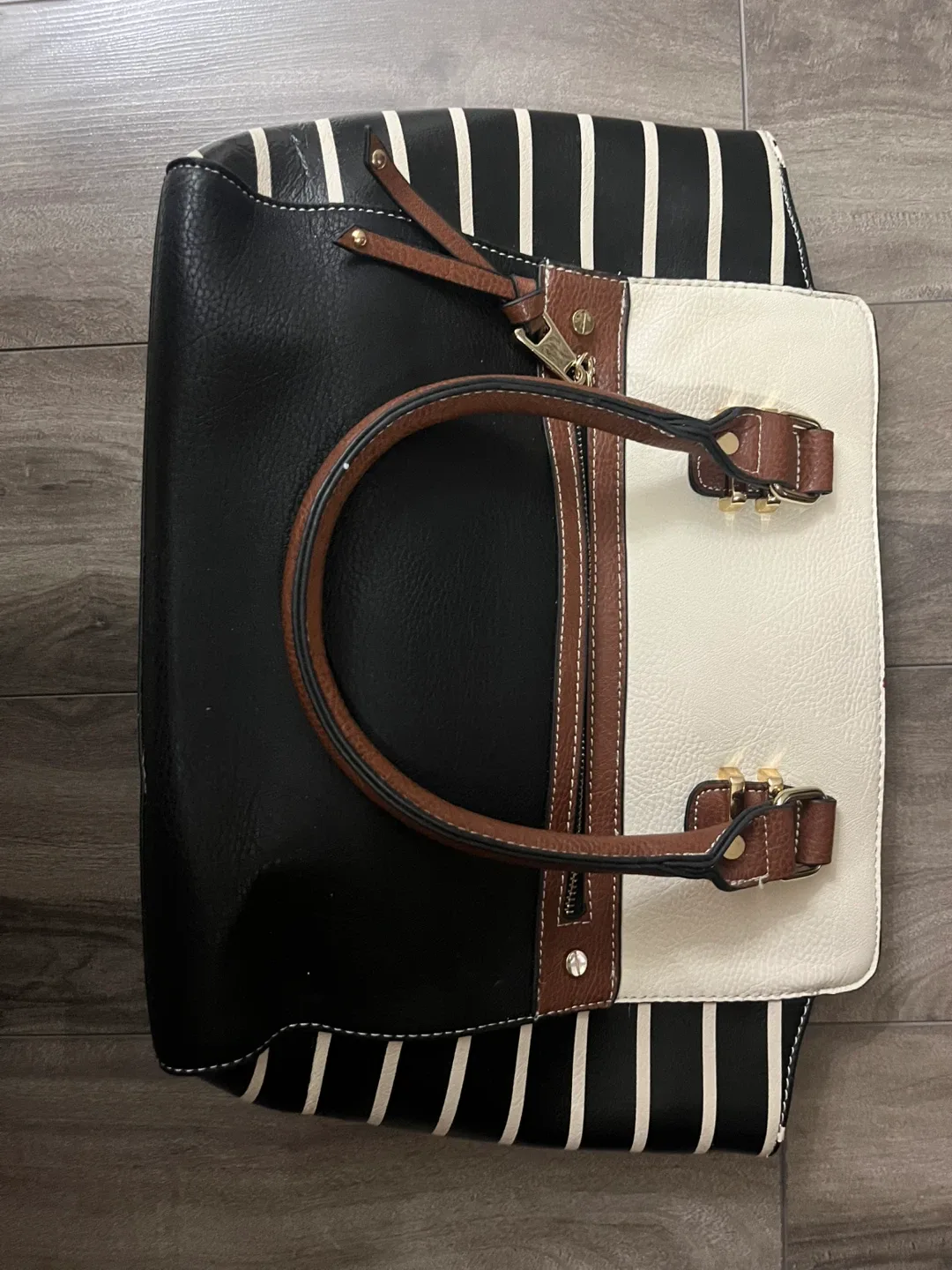 Striped Tote Bag - Black, White, Brown