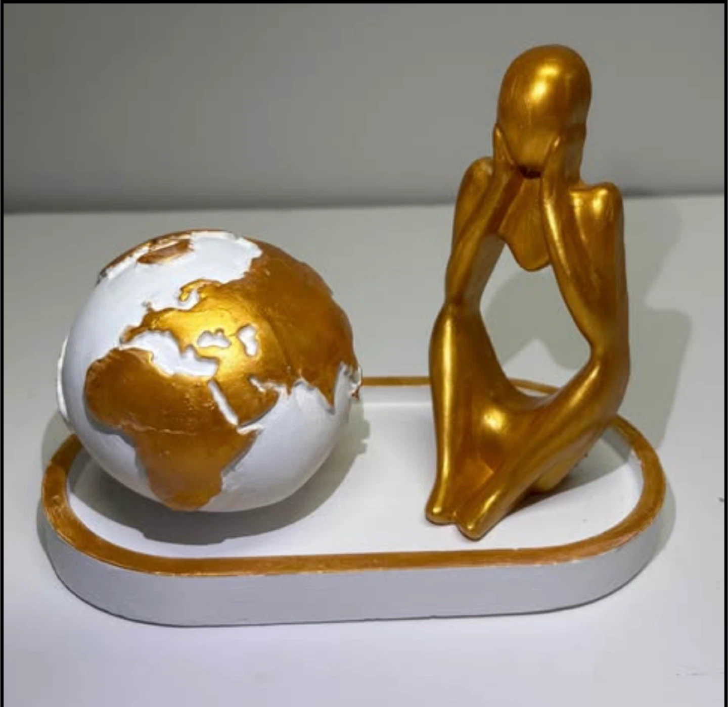 Minimalist Gold & White Thinker Statue and Globe Tray