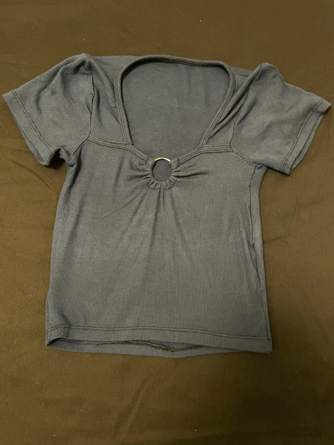 Blue Ribbed Top with Ring Detail