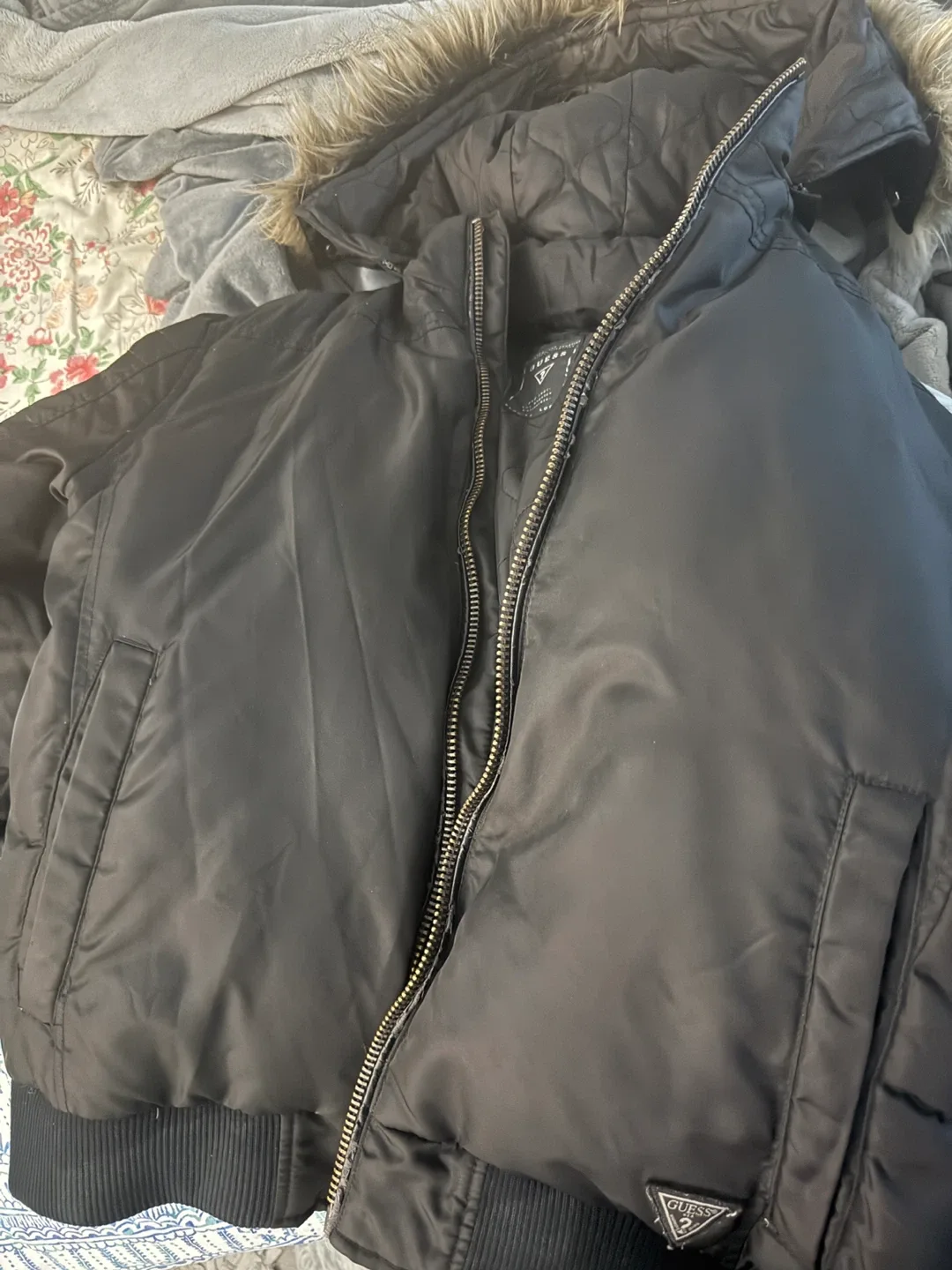 Guess Black Winter Jacket with Fur Hood L size