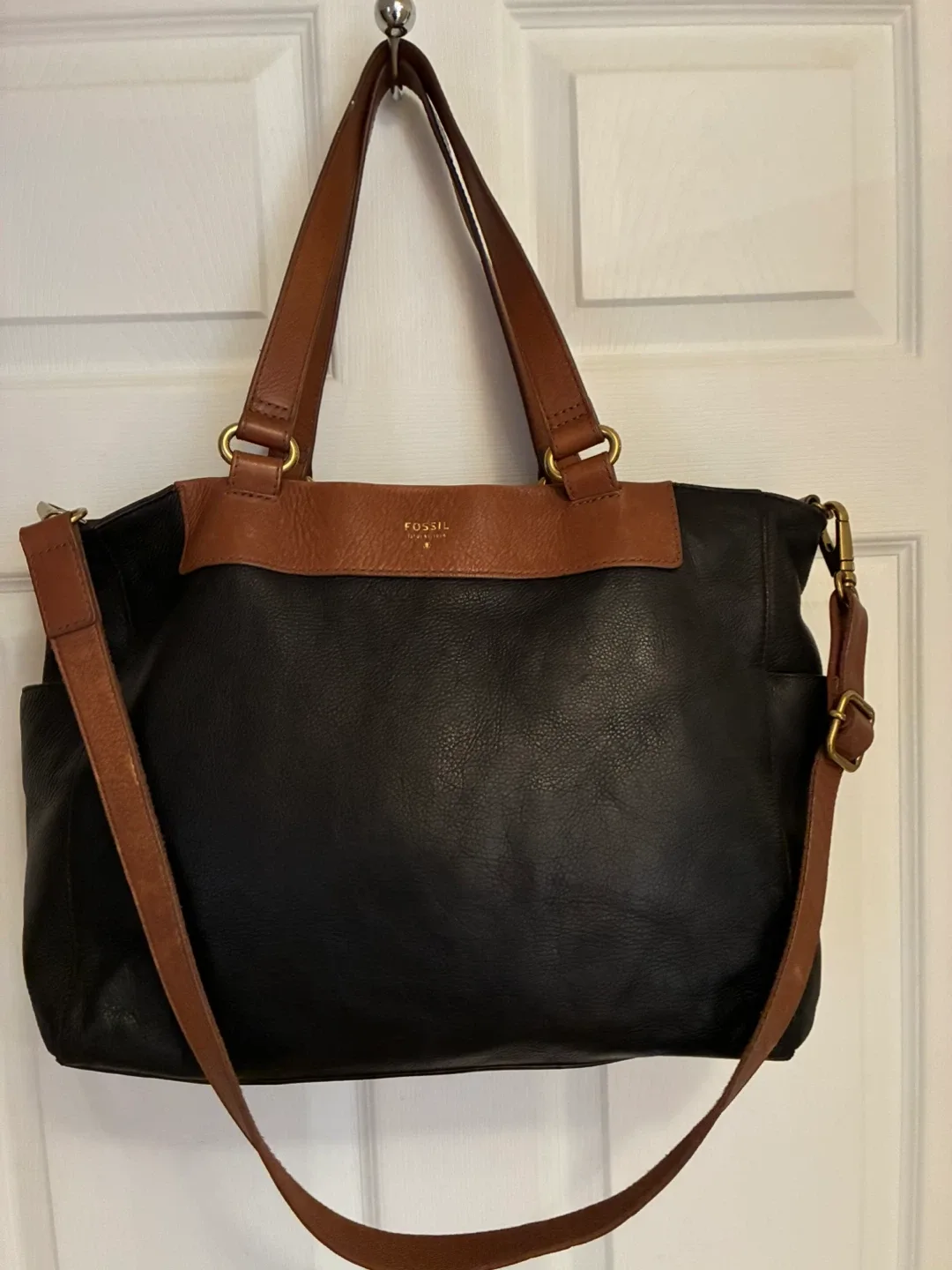 Fossil Black Leather Tote crossbody Bag