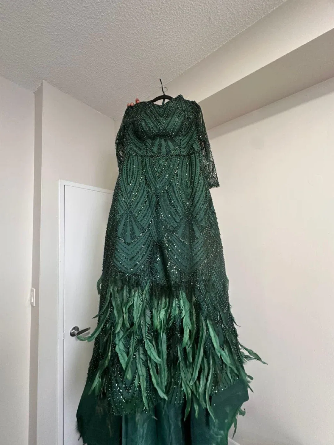 Green Feathered Evening Gown