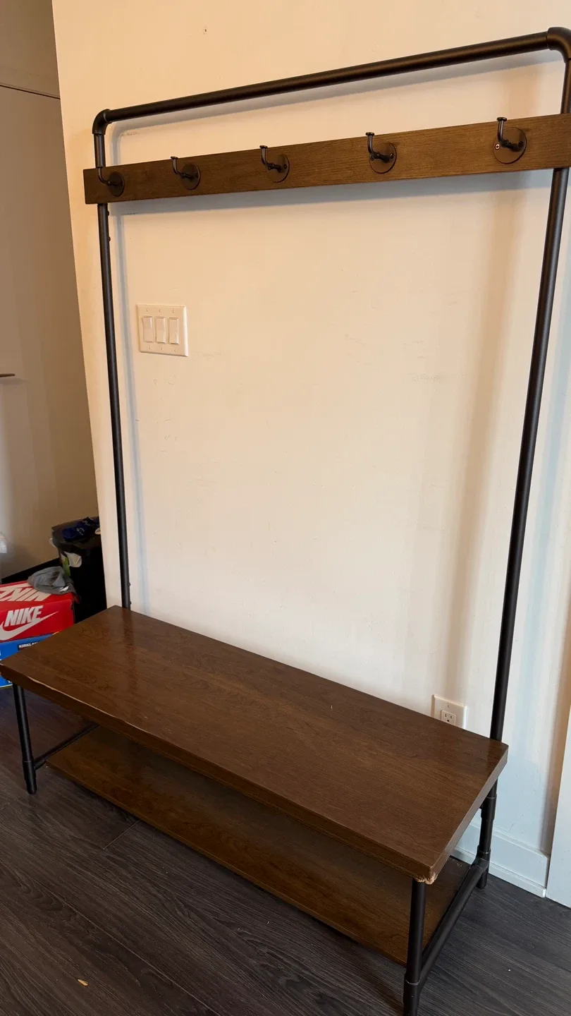 Wood & Metal Entryway Bench with Coat Rack