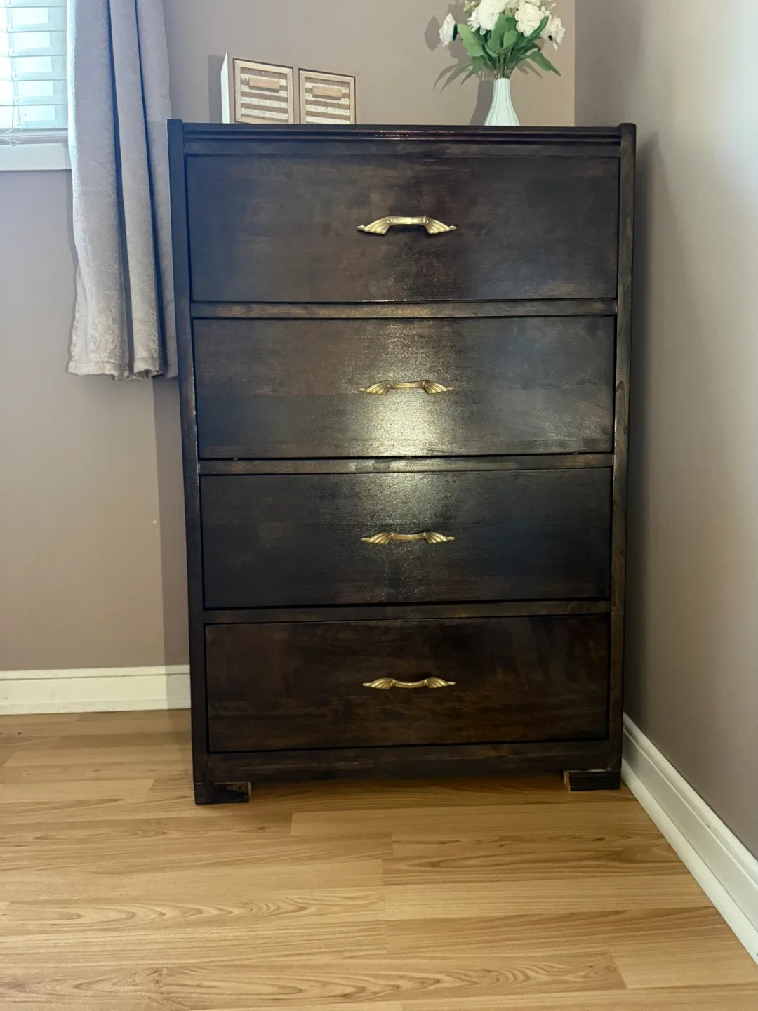 Dark Brown Wooden Dresser with Gold Handles