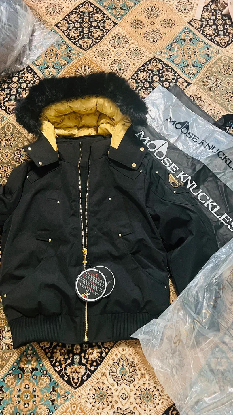 Moose Knuckles Bomber Jacket - Black, Fur Hood, Size L image indicator(2)