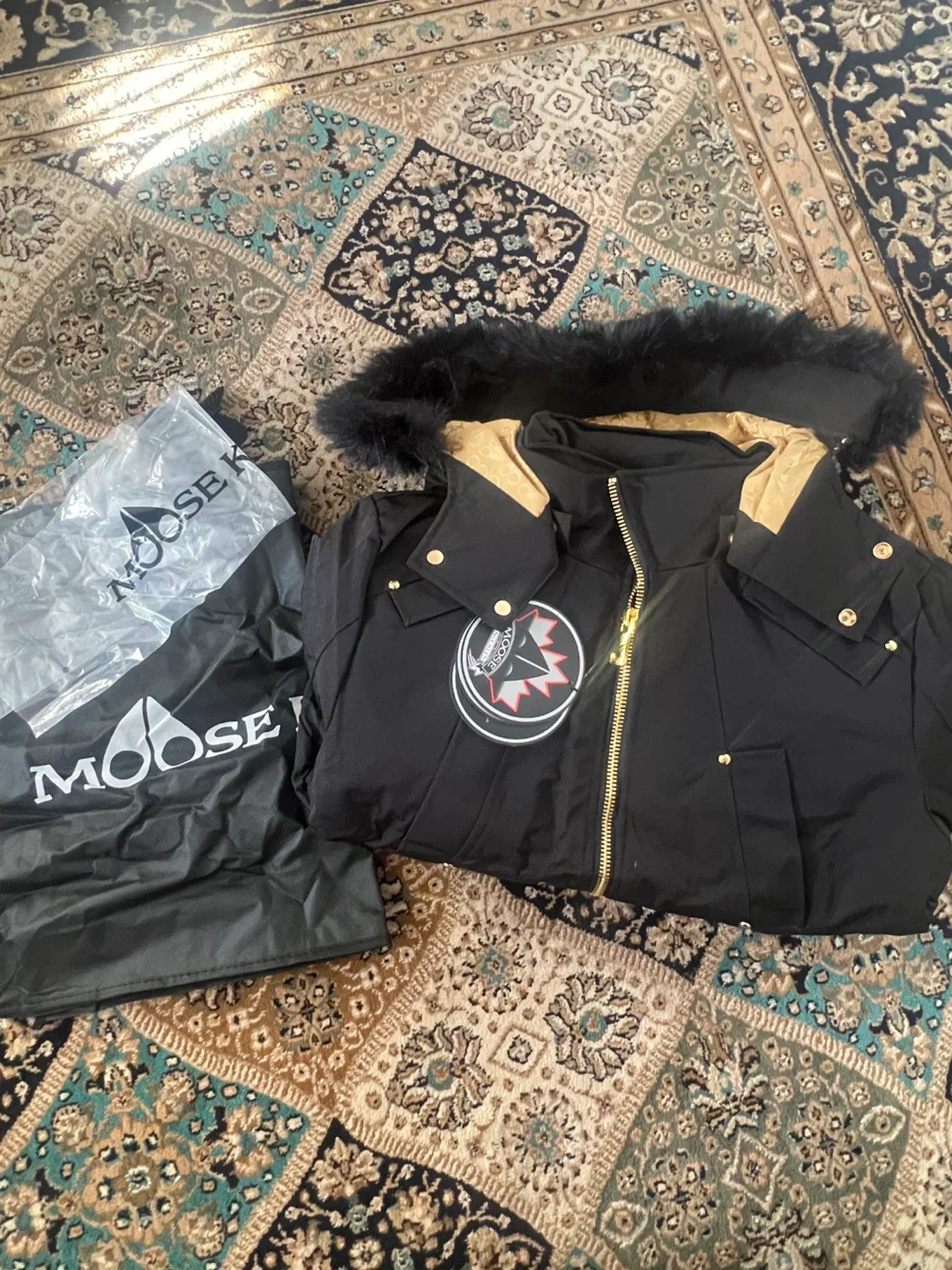 Moose Knuckles Bomber Jacket - Black, Fur Hood, Size L