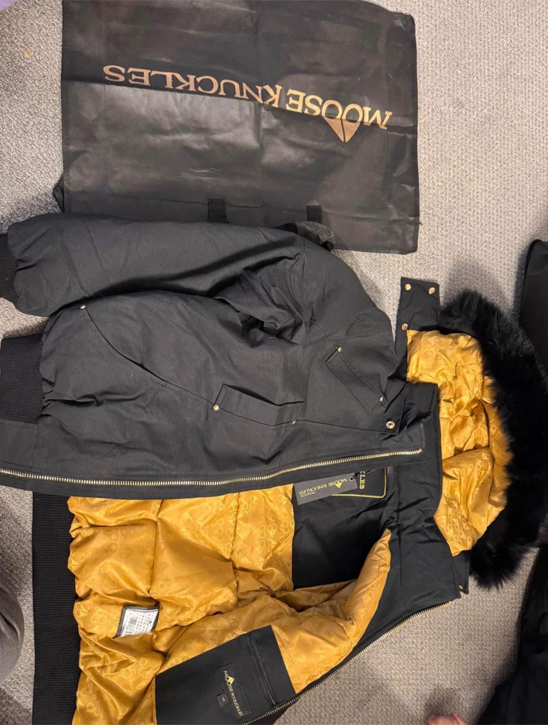 Moose Knuckles Bomber Jacket - Black, Fur Hood, Size L image indicator(3)