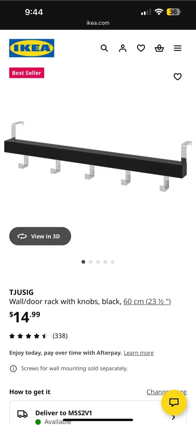 IKEA TJUSIG Wall/Over the Door Hanging Rack - Black - 60cm image indicator(2)