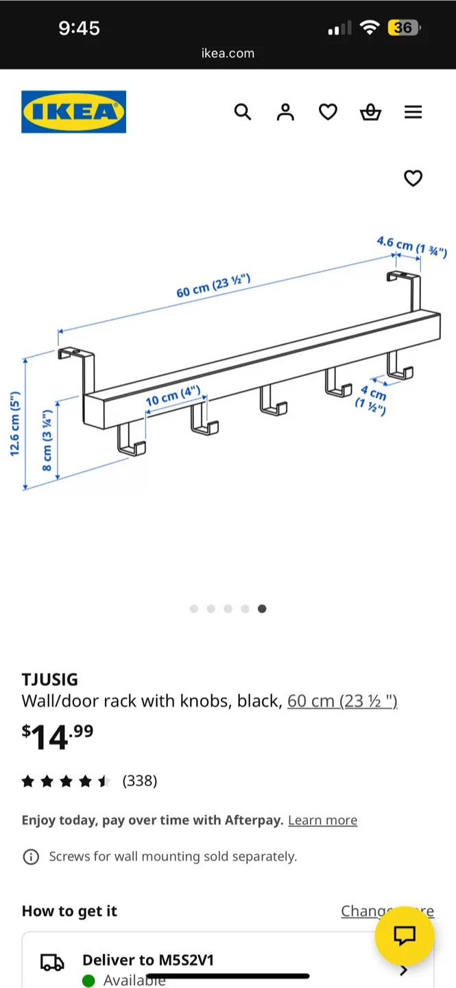 IKEA TJUSIG Wall/Over the Door Hanging Rack - Black - 60cm image indicator(3)