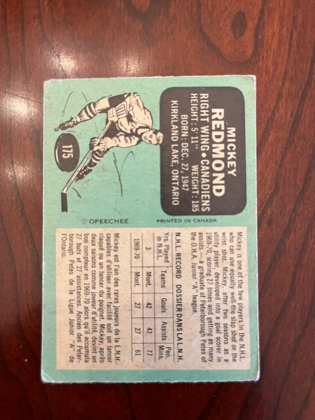 MICKEY REDMOND 1970, O-PEE-CHEE, #175, MONTREAL CANADIENS image indicator(2)
