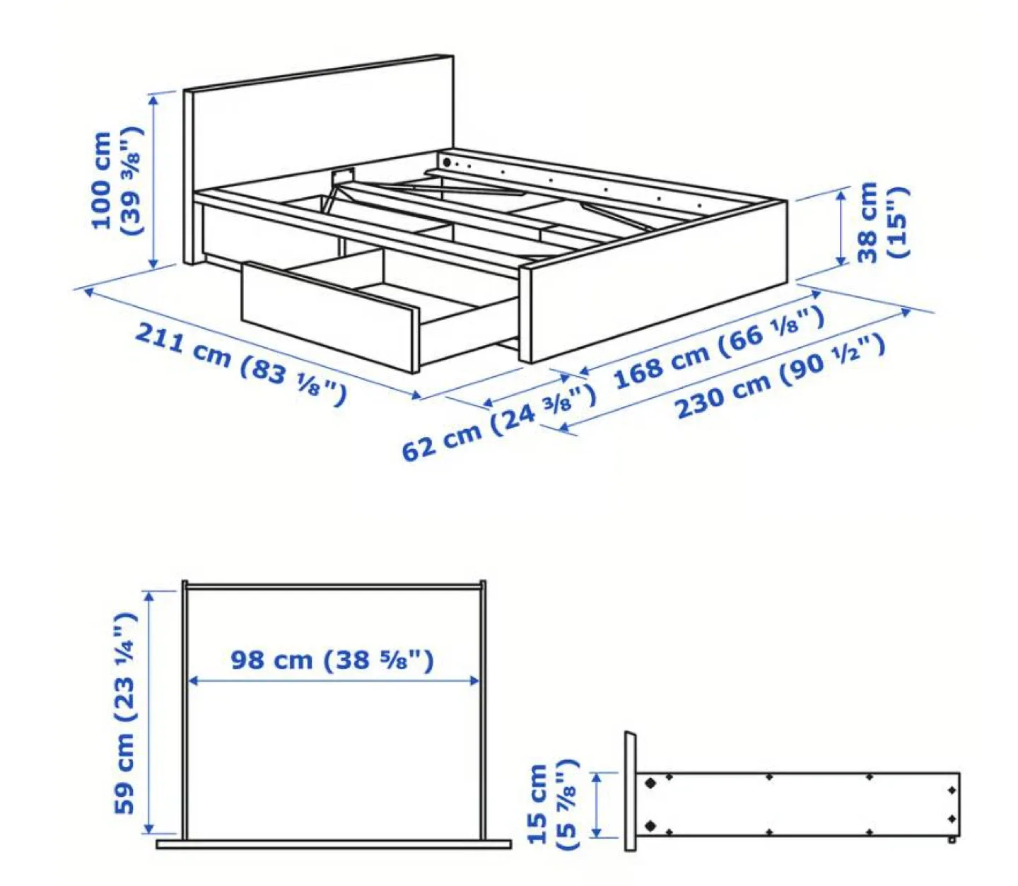 IKEA White Queen Size Malm bed frame + 2 Storage Drawers image indicator(3)