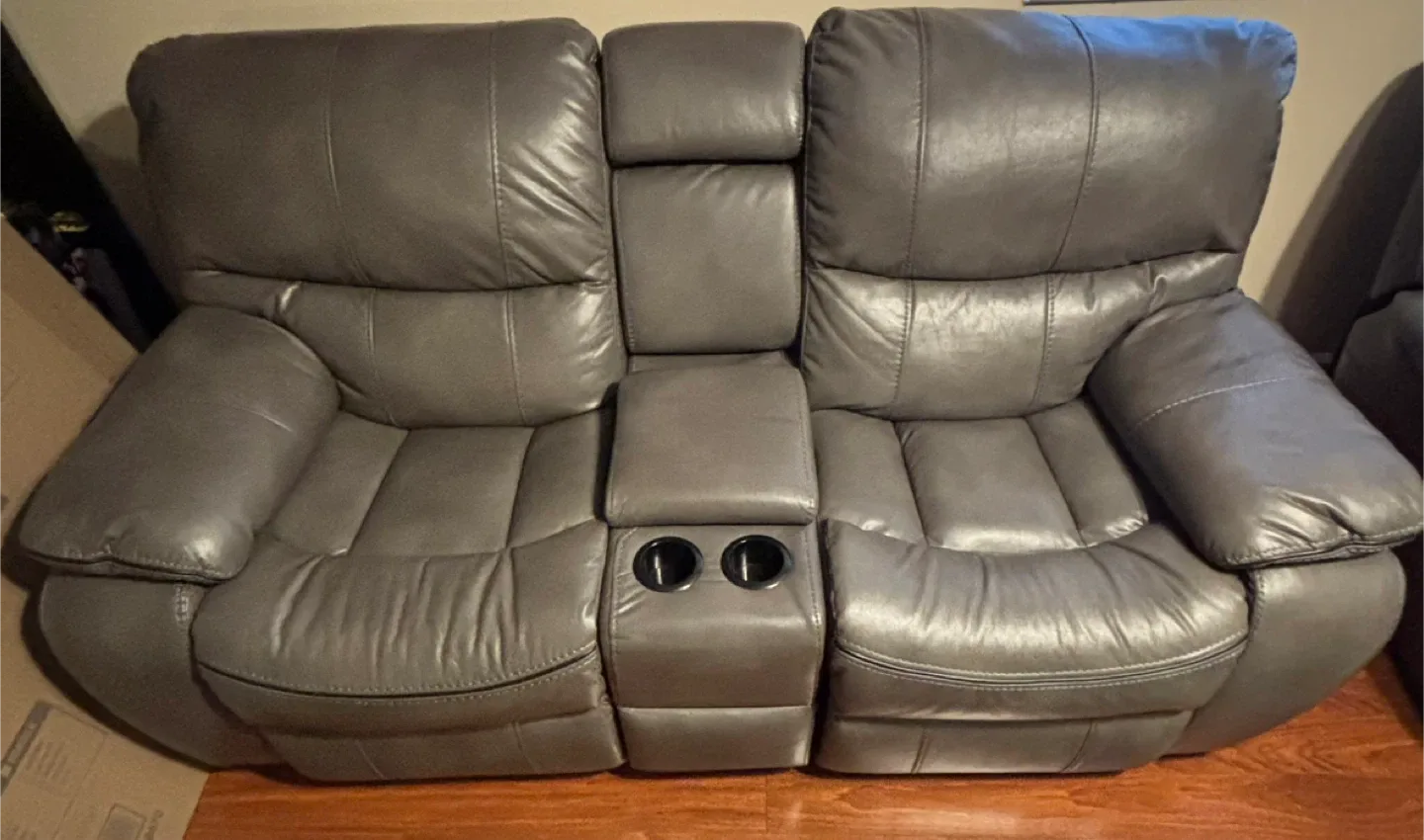 Gray Leather Reclining Sofa & Love Seat Set