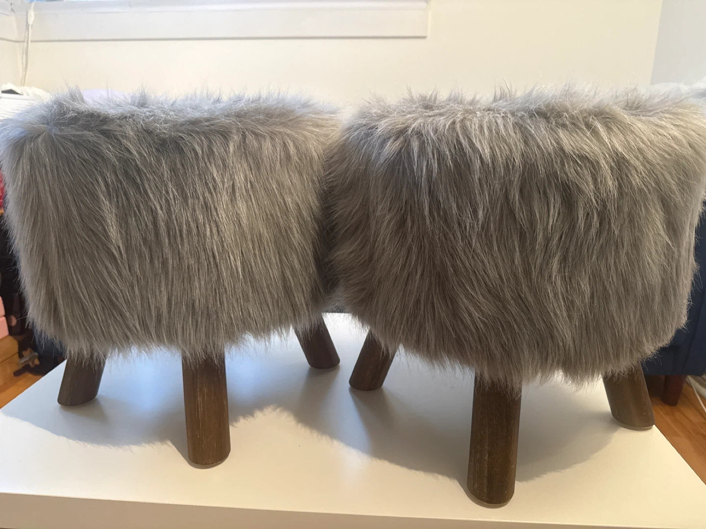 Fuzzy Grey Stools - Set of Two