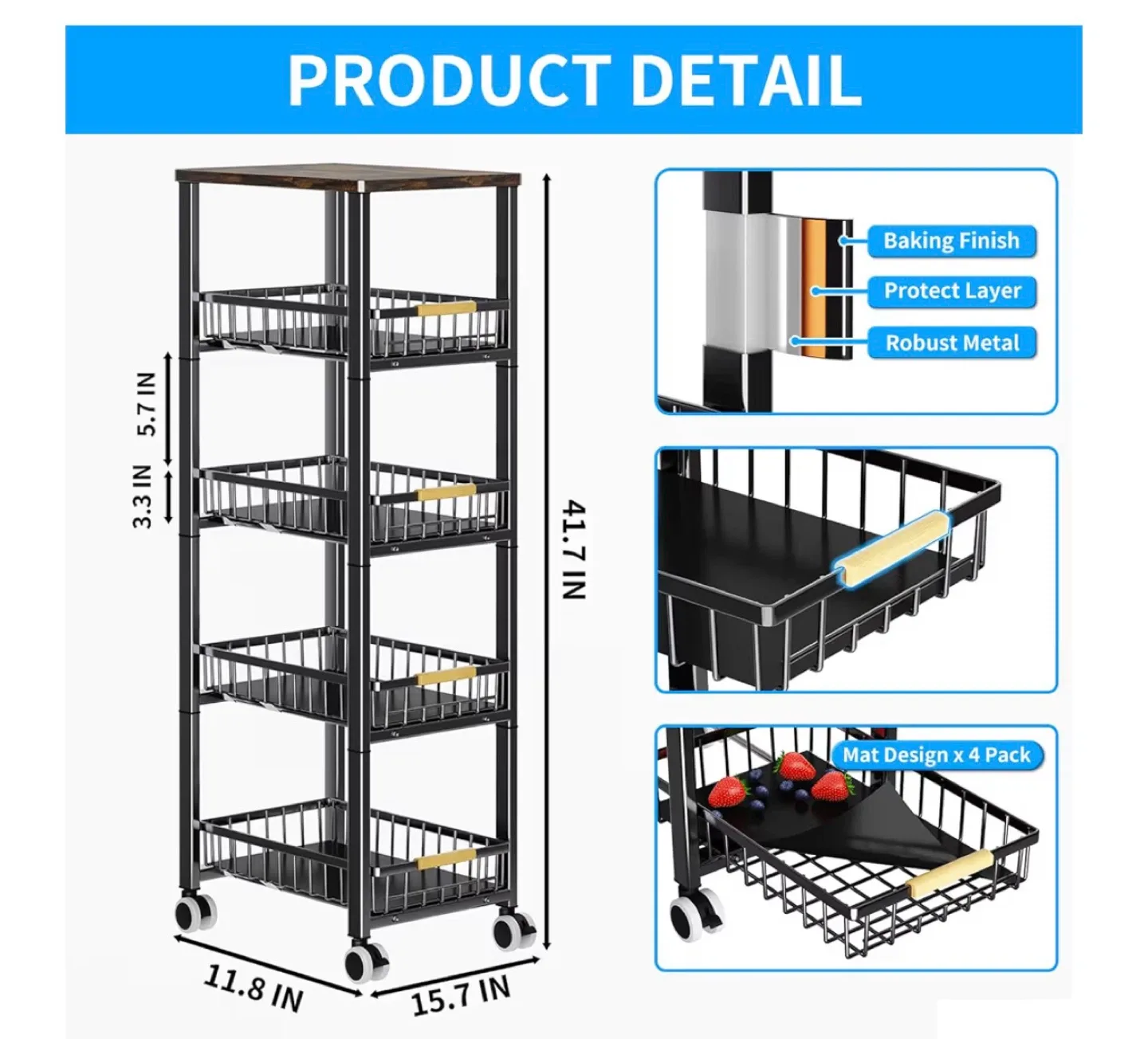 Rolling Kitchen Storage Cart with 5 Baskets