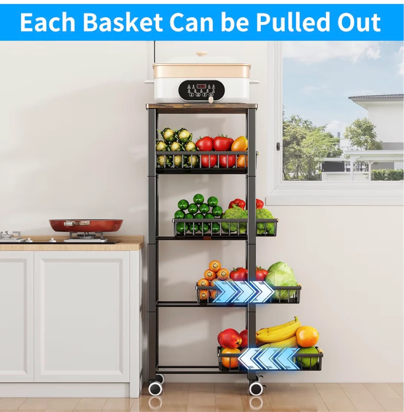 Rolling Kitchen Storage Cart with 5 Baskets