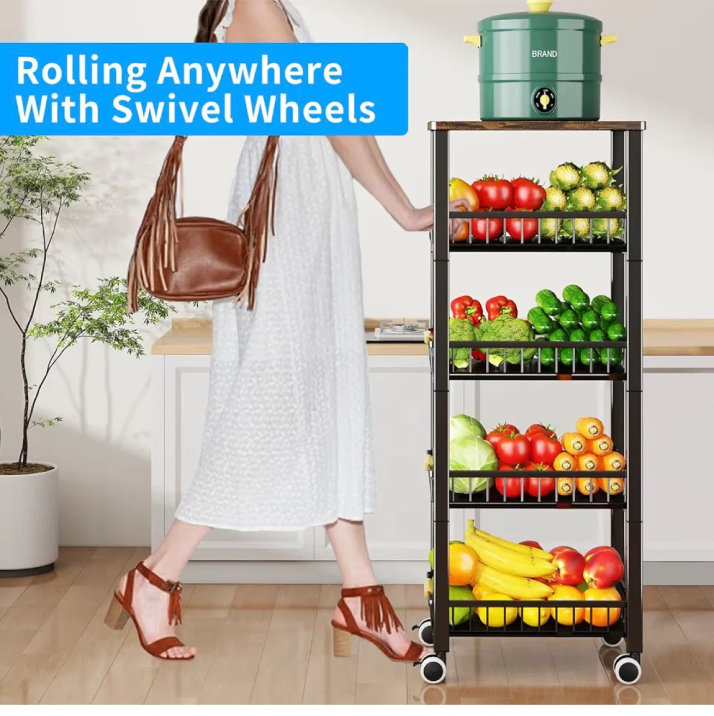 Rolling Kitchen Storage Cart with 5 Baskets