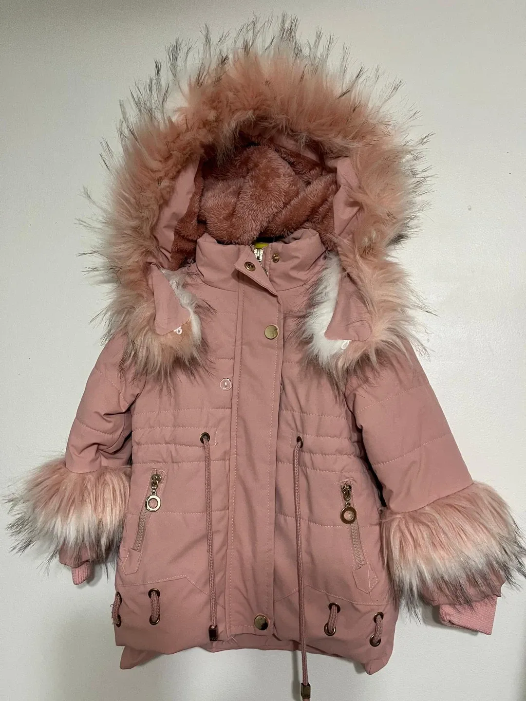 2T - Girls Pink Winter Coat with Fur Trim