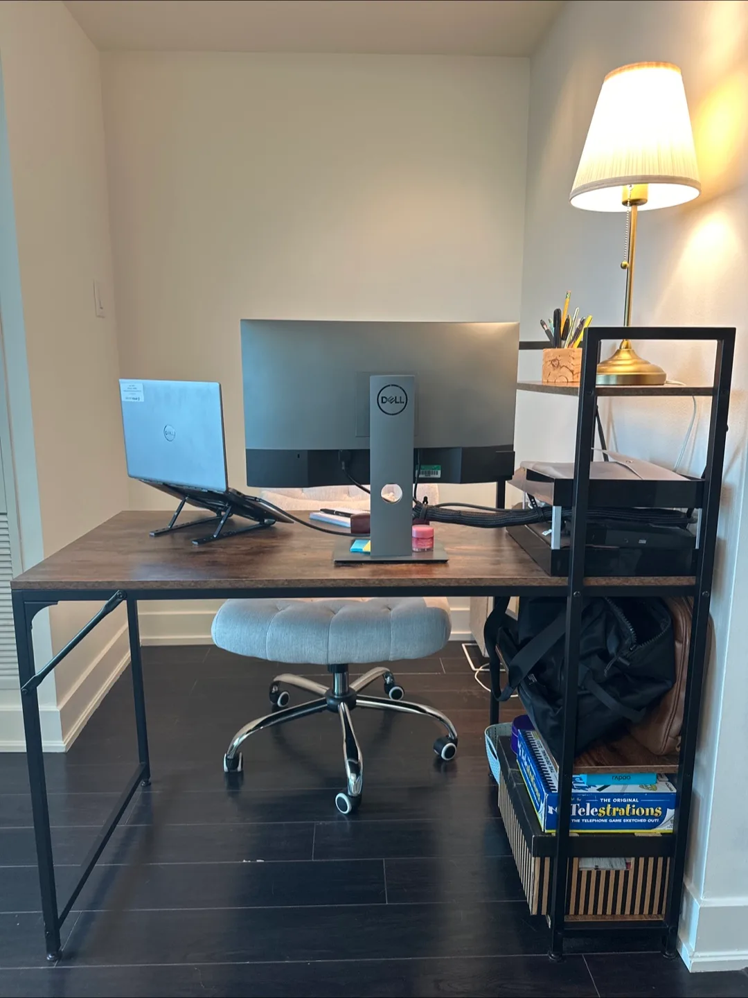 Desk with shelves and pull out keyboard tray