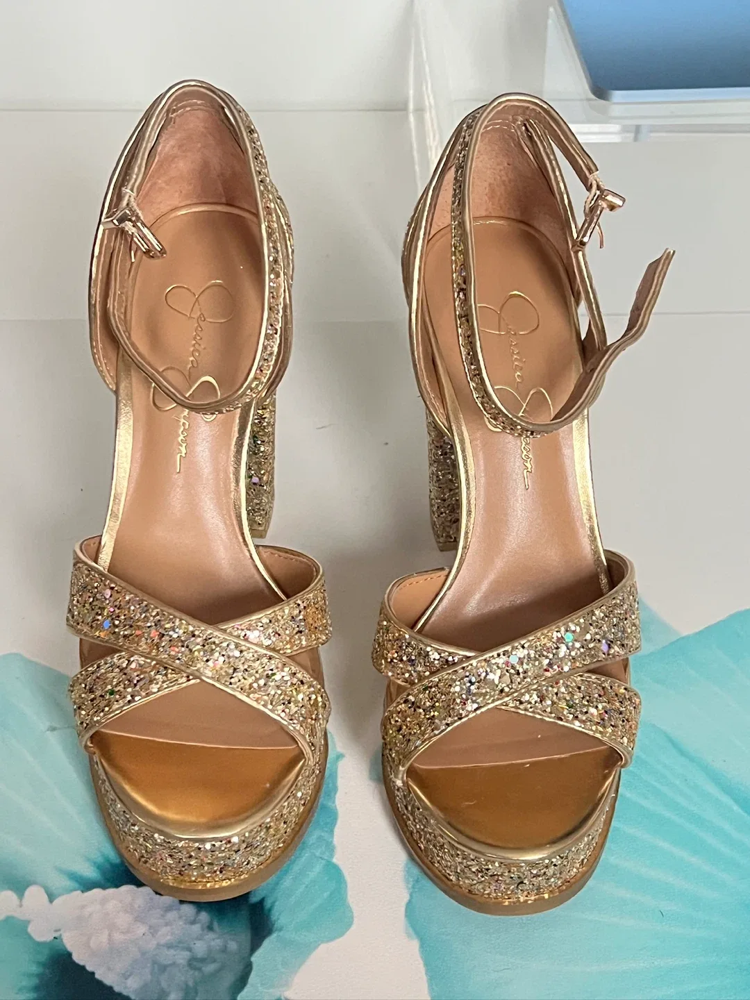 Jessica Simpson Gold Glitter Platform Heels