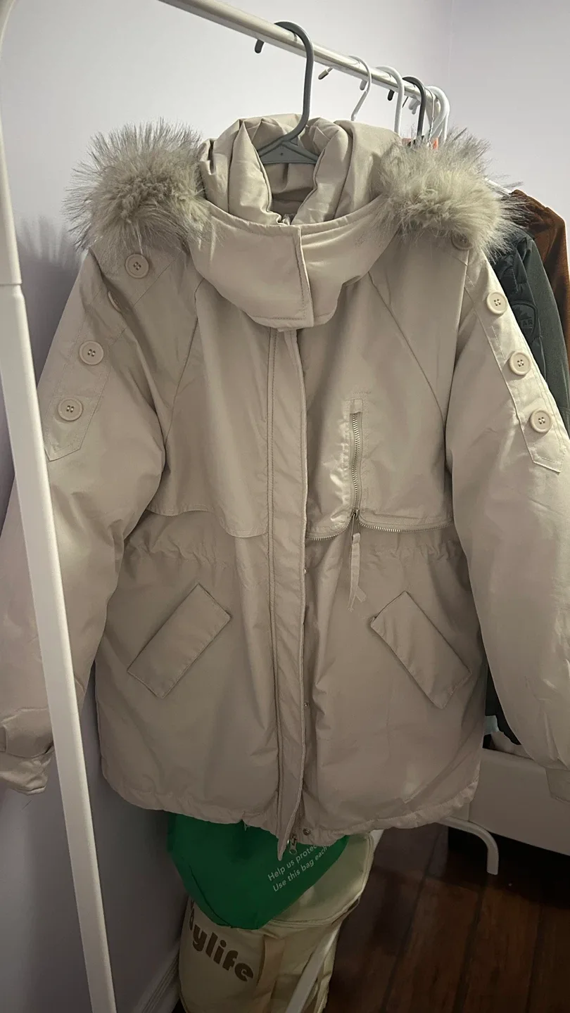 Beige Padded Winter Coat with Fur Hood
