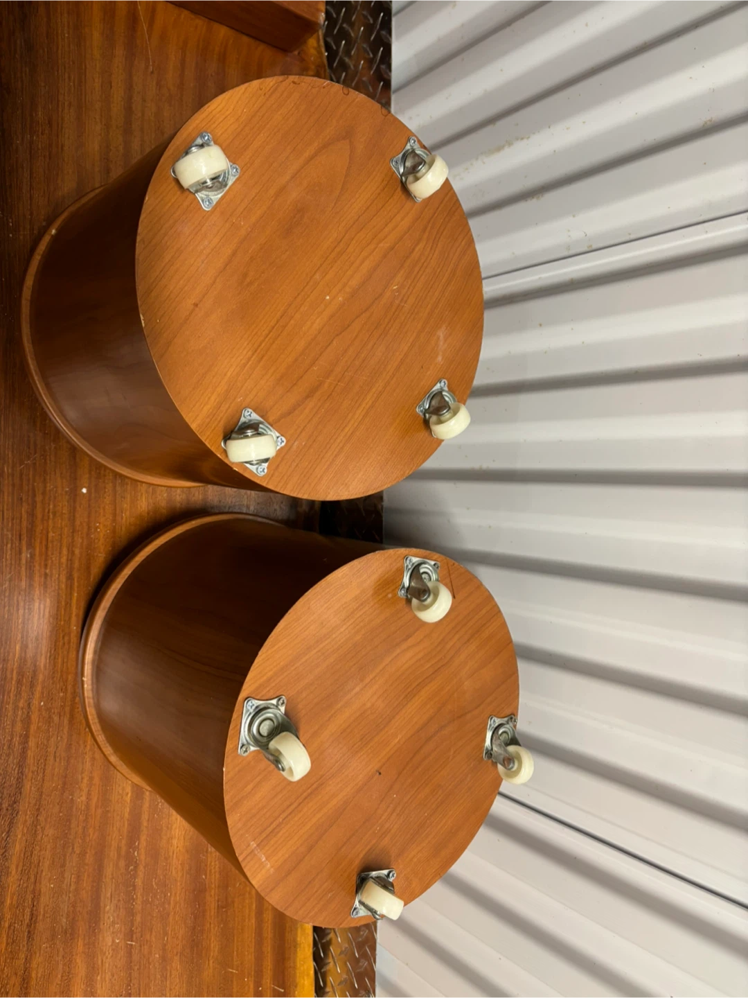 Pair of Wood & Cream Stools on Wheels - photo 2