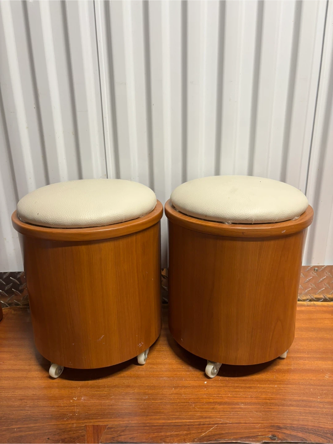 Pair of Wood & Cream Stools on Wheels