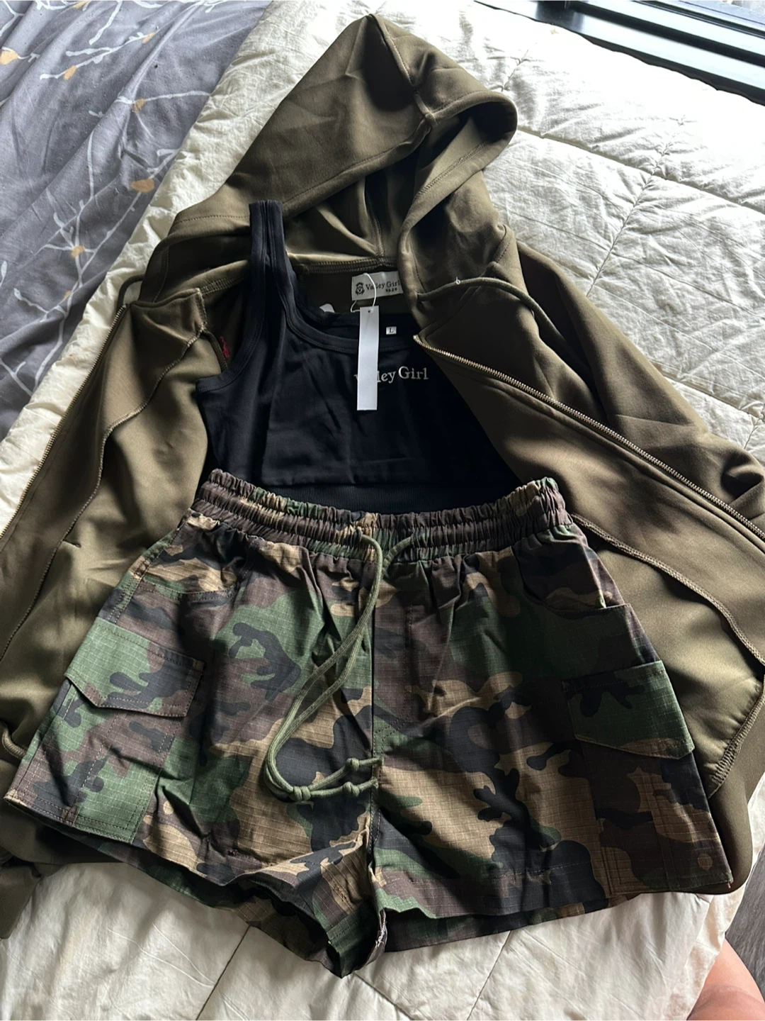 Valley Girl Camo Shorts, Top & Olive Green Hoodie Set - photo 4