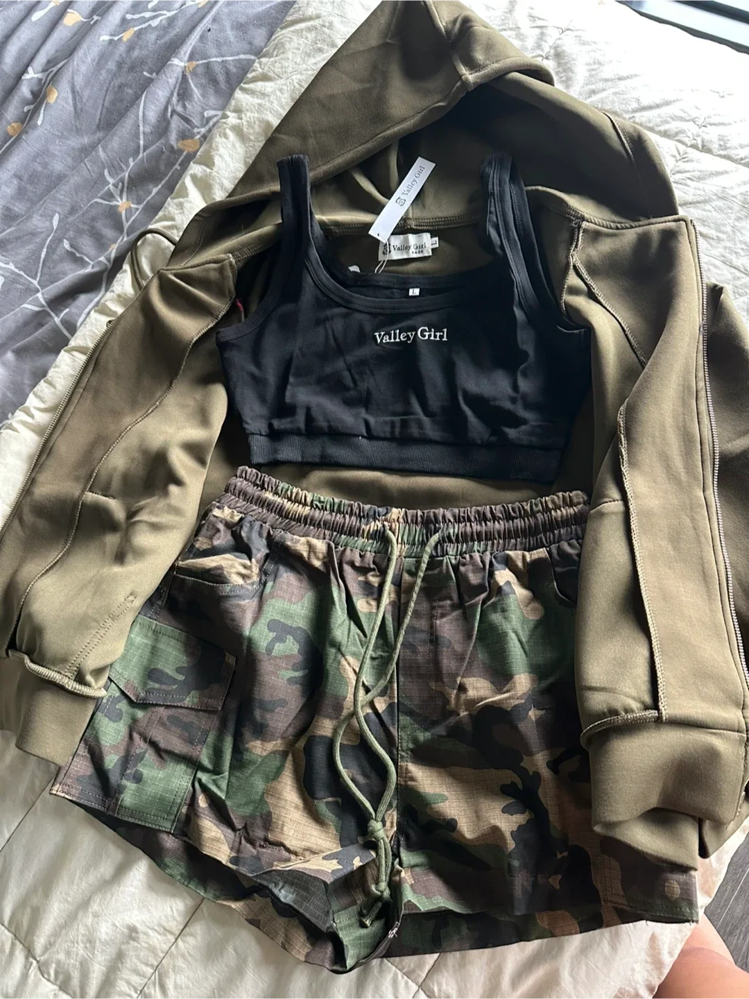 Valley Girl Camo Shorts, Top & Olive Green Hoodie Set image indicator(2)