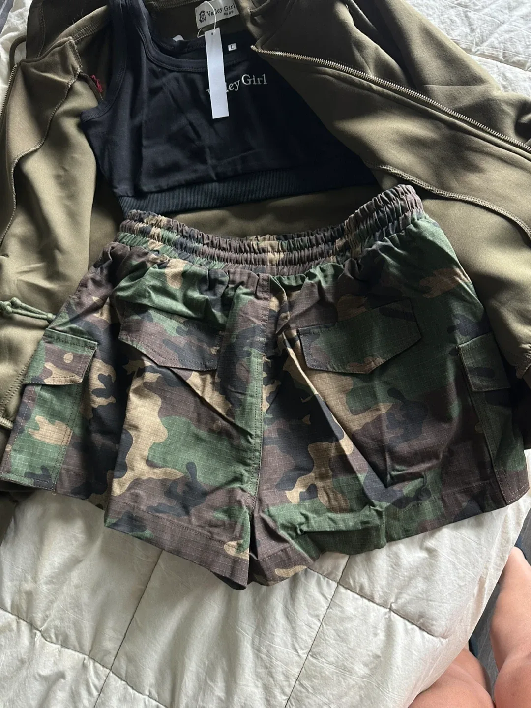 Valley Girl Camo Shorts, Top & Olive Green Hoodie Set image indicator(6)