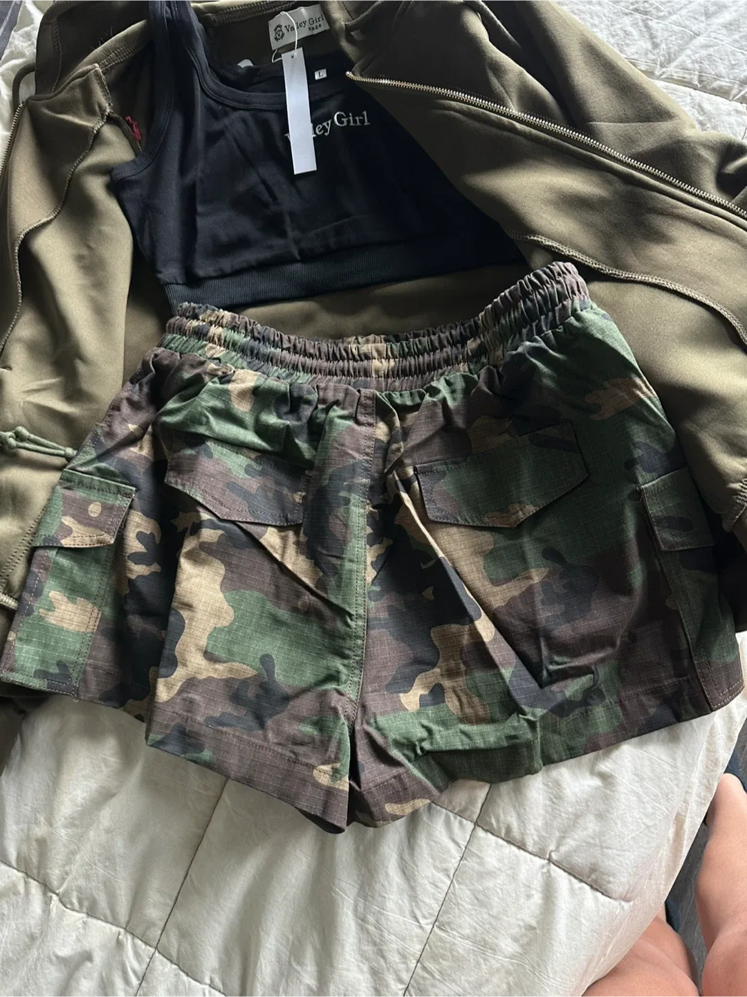 Valley Girl Camo Shorts, Top & Olive Green Hoodie Set image indicator(10)