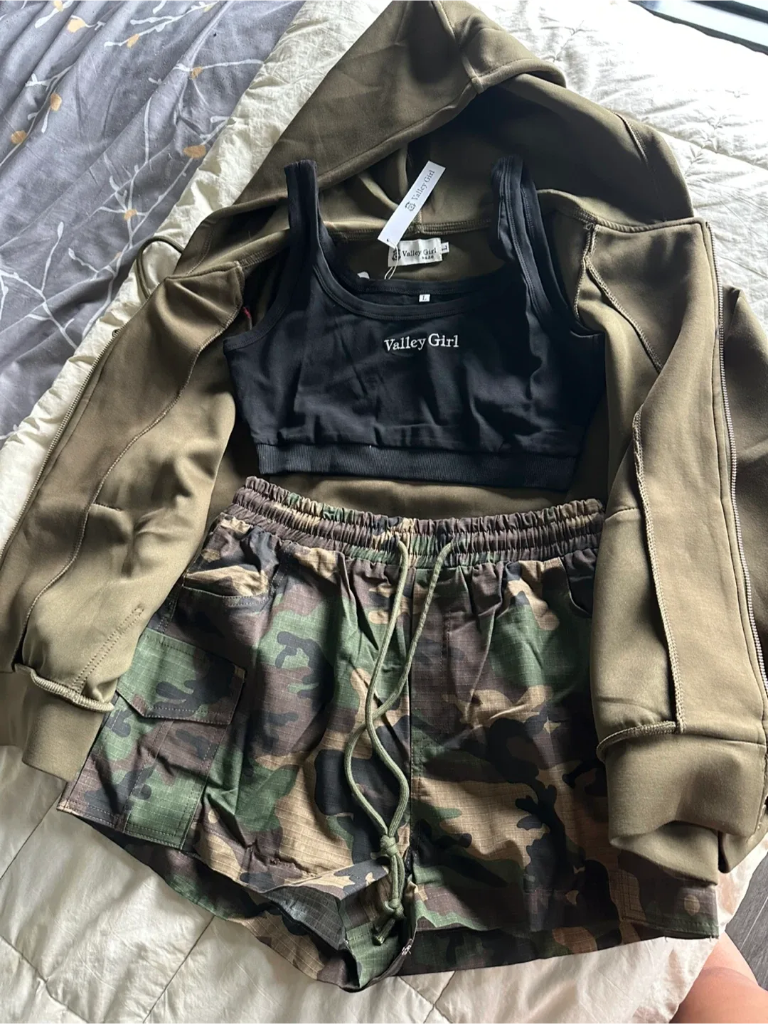 Valley Girl Camo Shorts, Top & Olive Green Hoodie Set image indicator(9)