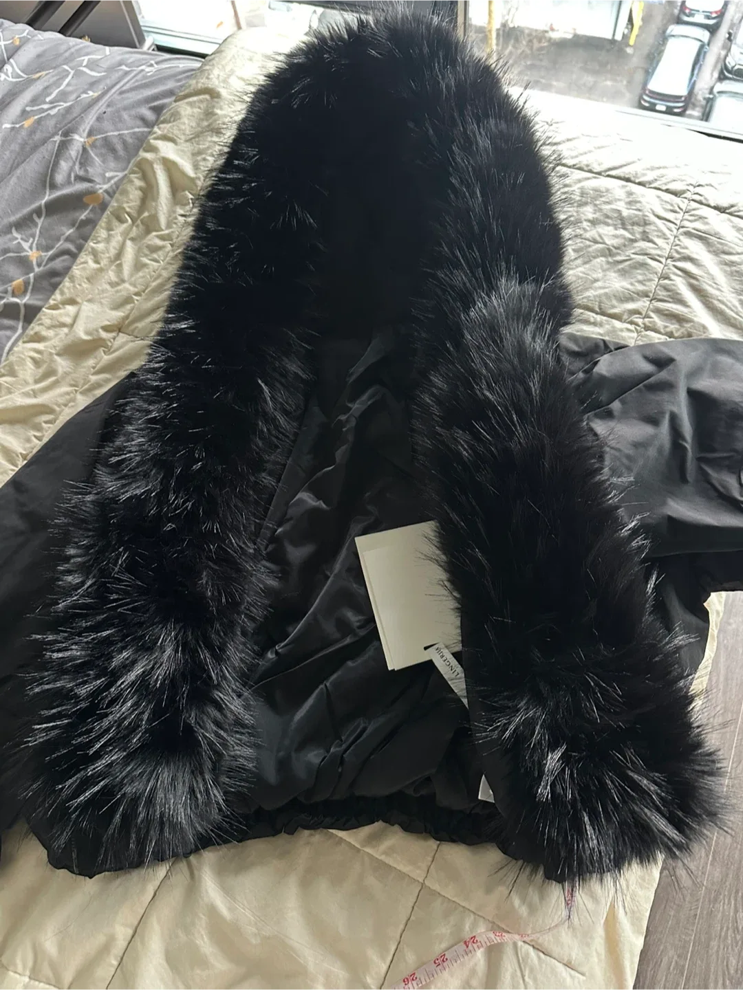 Black Fur Trimmed Hooded Jacket - Size M