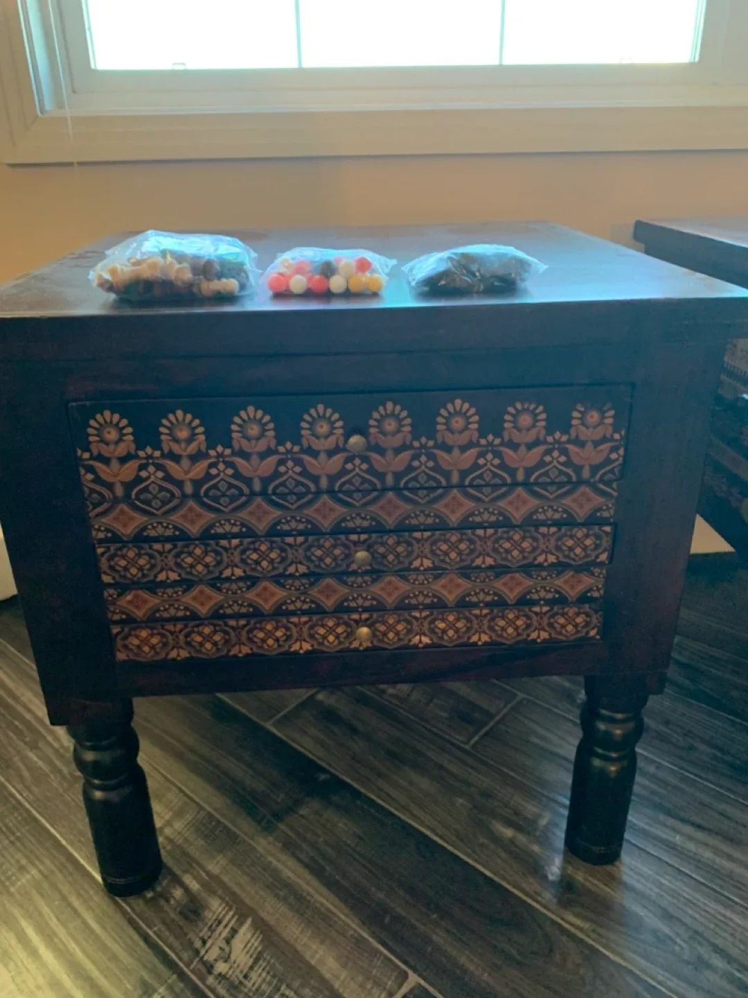 Wooden Side Table with Game Boards and Pieces